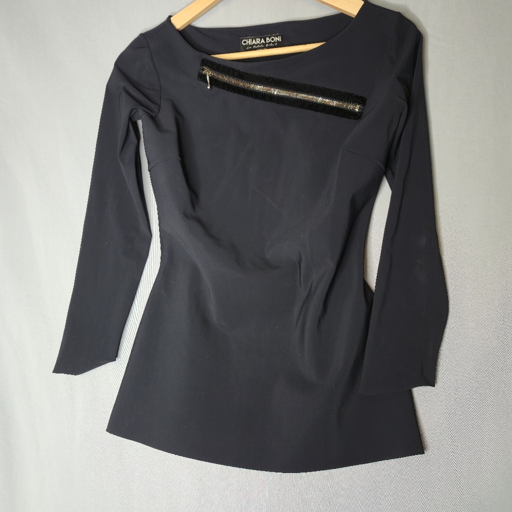 Chiara Boni Ladies Zipper Detail Front Fitted Long Sleeve BlackTop Size 42